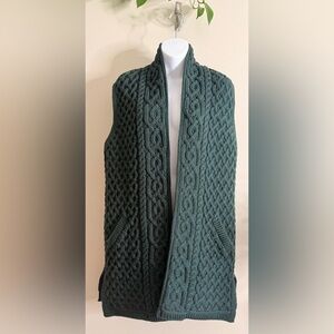Aran Craft Merino Wool‎ Open Front Vest with Pockets Dark Green Cable Knit M